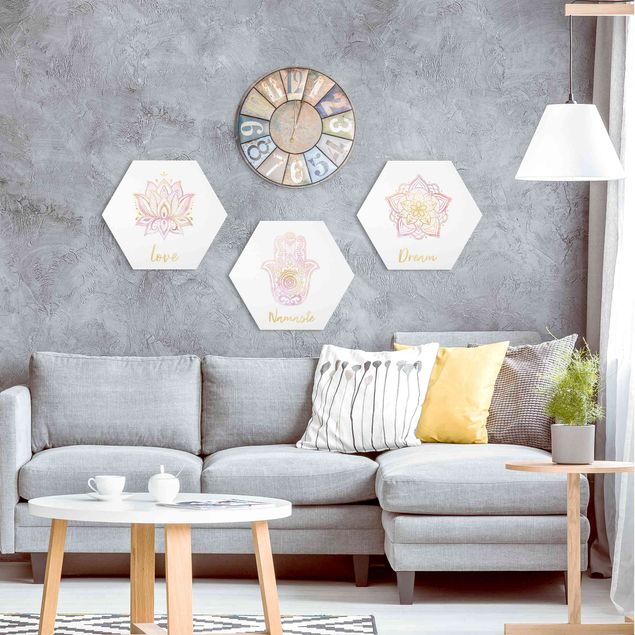 Hexagon Bild Alu-Dibond 3-teilig - Mandala Namaste Lotus Set Gold Rosa