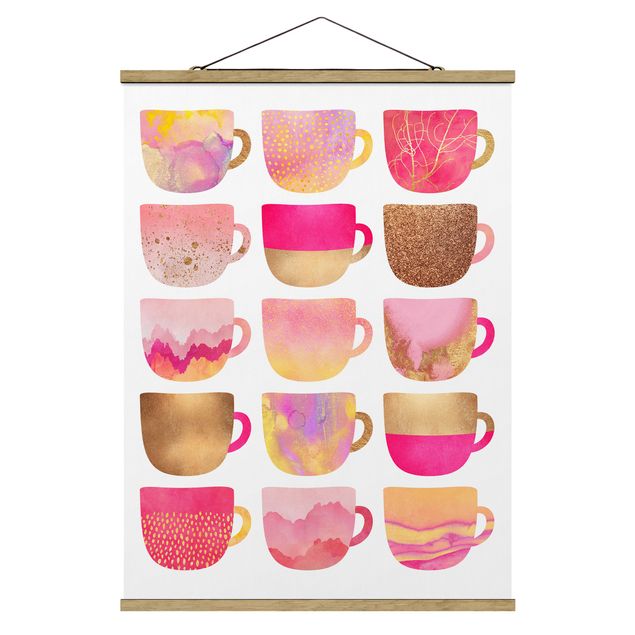 Stoffbild mit Posterleisten - Elisabeth Fredriksson - Goldene Tassen mit Pink - Hochformat 3:4