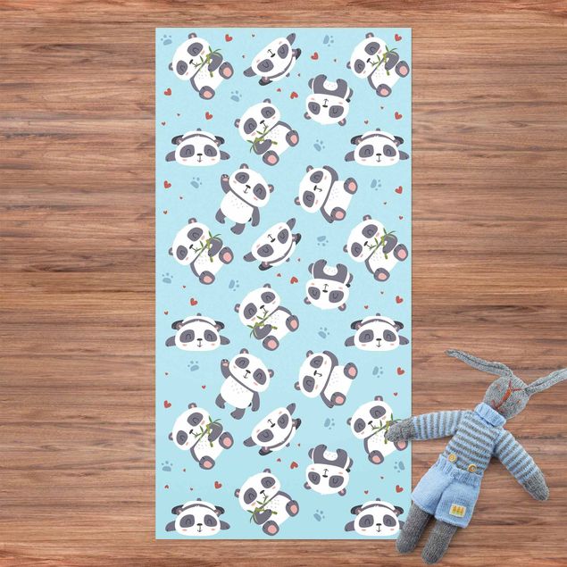 Teppich Bamboo Süße Pandabären mit Tapsen und Herzen Pastellblau