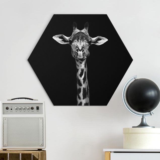 Hexagon Bild Alu-Dibond - Dunkles Giraffen Portrait