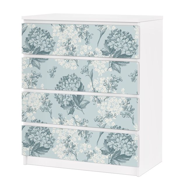 Möbelfolie für IKEA Malm Kommode - selbstklebende Folie Hortensia pattern in blue