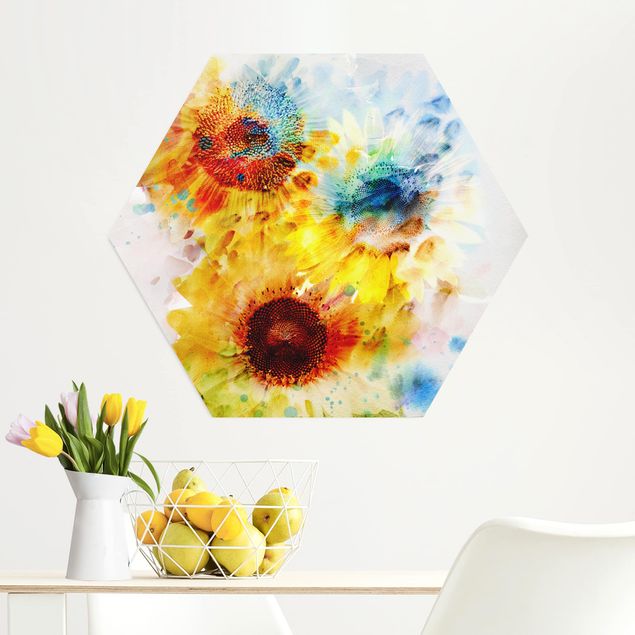 Hexagon Bild Alu-Dibond - Aquarell Blumen Sonnenblumen