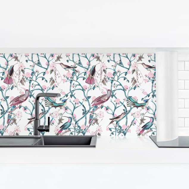 Küchenrückwand - Rosa Blumenranken mit Vögeln in Blau