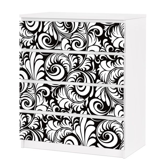 Möbelfolie für IKEA Malm Kommode - selbstklebende Folie Black and White Leaves Pattern