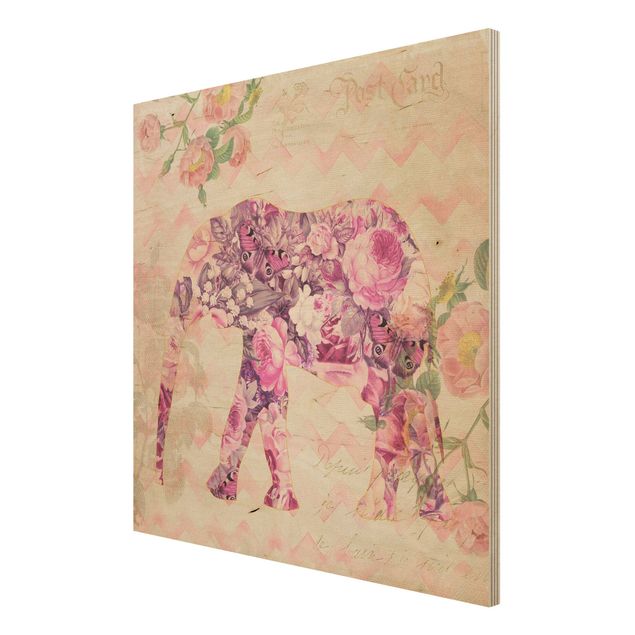 Holzbild - Vintage Collage - Rosa Blüten Elefant - Quadrat 1:1