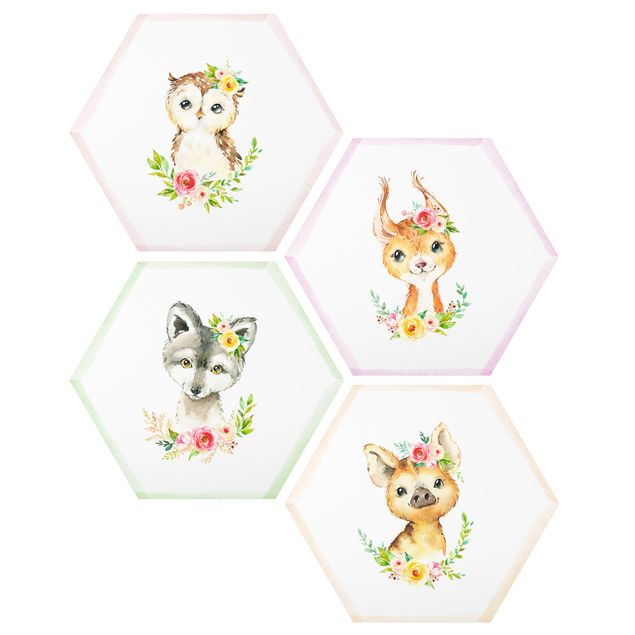 Hexagon Bild Forex 4-teilig - Aquarell Waldtiere mit Blumen Set IV