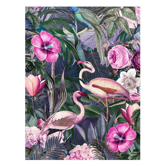 Magnettafel - Bunte Collage - Pinke Flamingos im Dschungel - Memoboard Hochformat 4:3