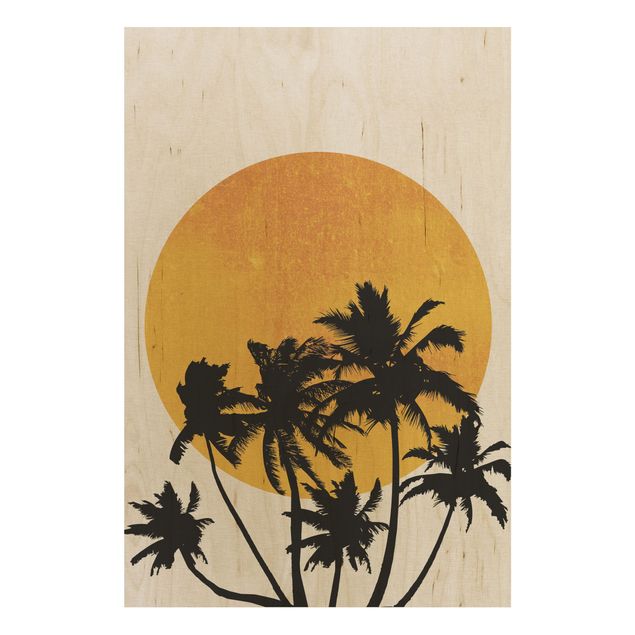 Holzbild - Palmen vor goldener Sonne - Hochformat 3:2