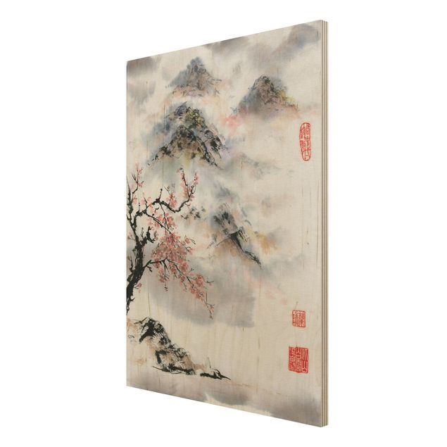Holzbild - Japanische Aquarell Zeichnung Kirschbaum und Berge - Hochformat 4:3