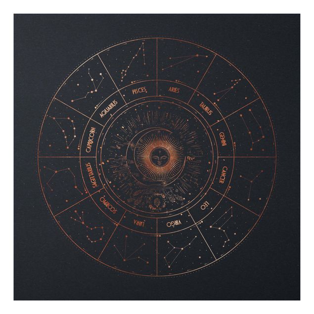 Aluminium Print gebürstet - Astrologie Die 12 Sternzeichen Blau Gold - Quadrat 1:1