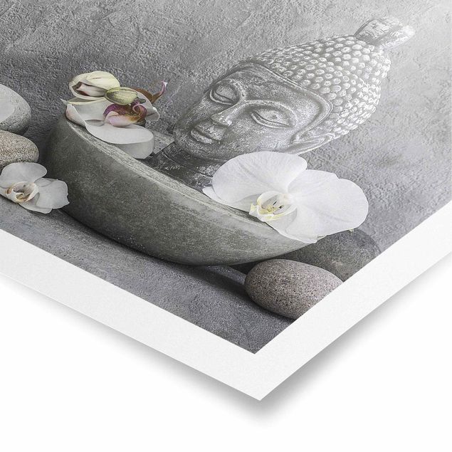 Poster - Zen Buddha, Orchideen und Steine - Querformat 3:4
