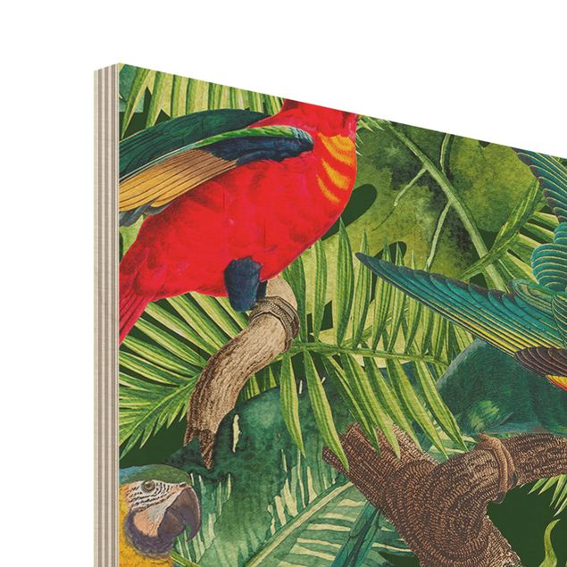 Holzbild - Bunte Collage - Papageien im Dschungel - Querformat 2:3