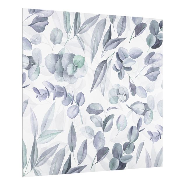 Spritzschutz Glas - Blaue Eukalyptus Aquarellblätter - Quadrat 1:1
