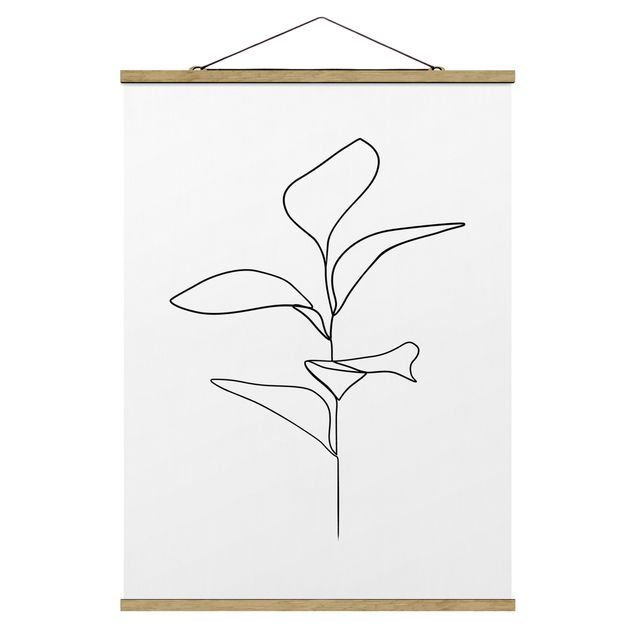 Stoffbild mit Posterleisten - Line Art Pflanze Blätter Schwarz Weiß - Hochformat 3:4