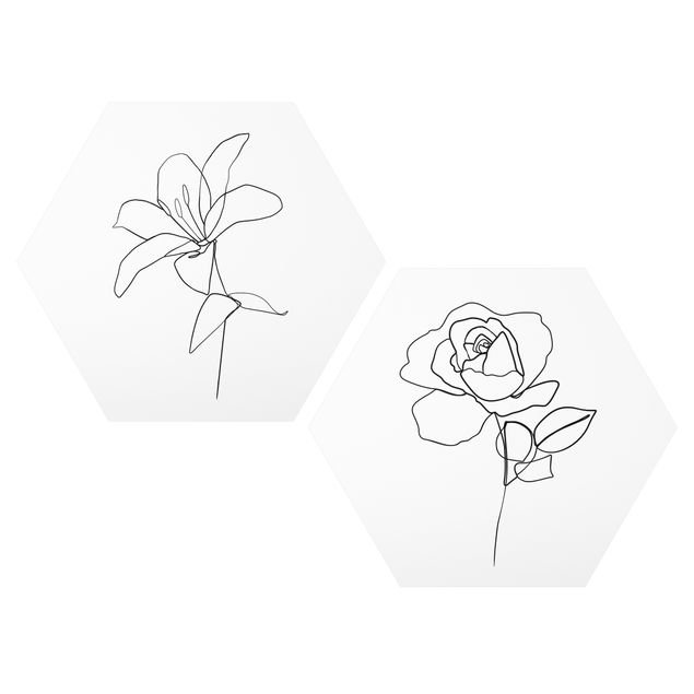 Hexagon Bild Forex 2-teilig - Line Art Blüten Schwarz Weiß Set