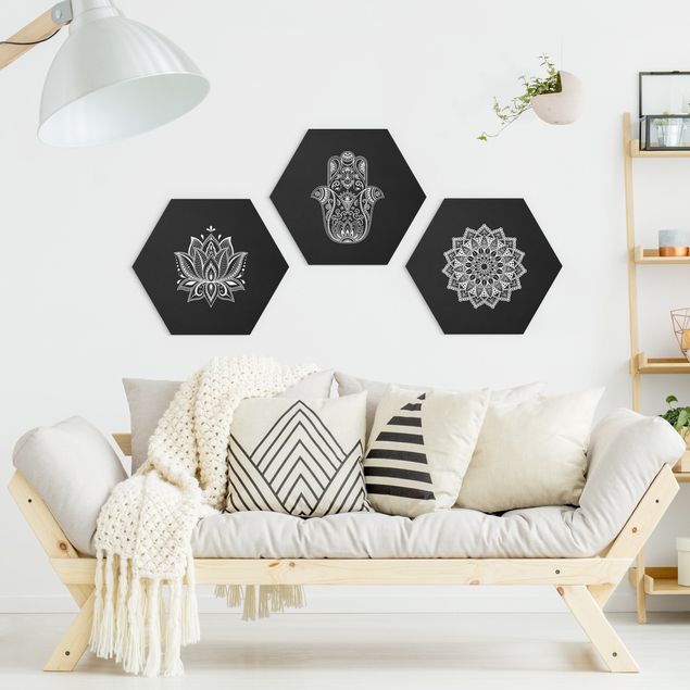 Hexagon Bild Forex 3-teilig - Mandala Hamsa Hand Lotus Set auf Schwarz