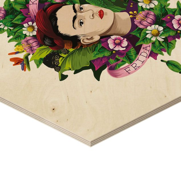 Hexagon Bild Holz - Frida Kahlo - Frida, Äffchen und Papagei
