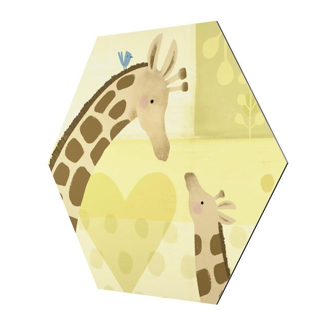 Hexagon Bild Alu-Dibond - Mama und ich - Giraffen