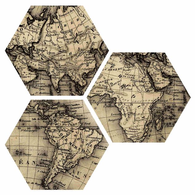 Hexagon Bild Holz 3-teilig - Alte Weltkarte Details