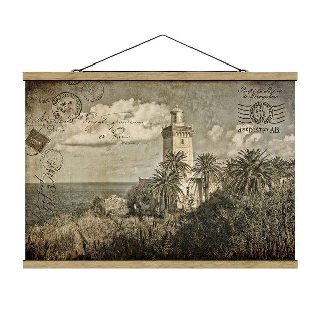 Stoffbild mit Posterleisten - Vintage Postkarte mit Leuchtturm und Palmen - Querformat 3:2