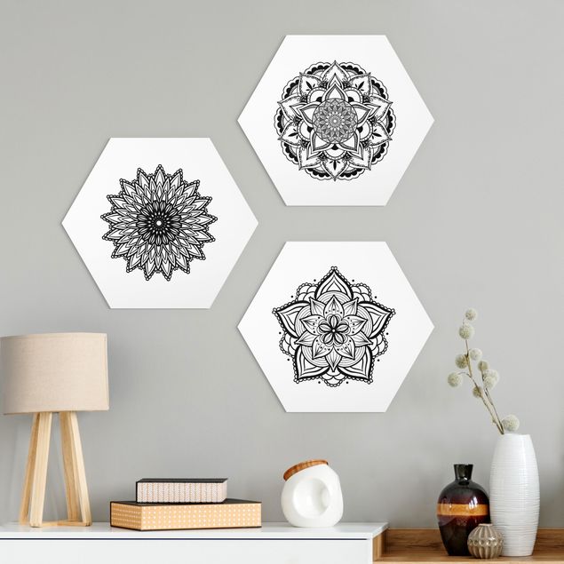 Hexagon Bild Alu-Dibond 3-teilig - Mandala Blüte Sonne Illustration Set Schwarz Weiß