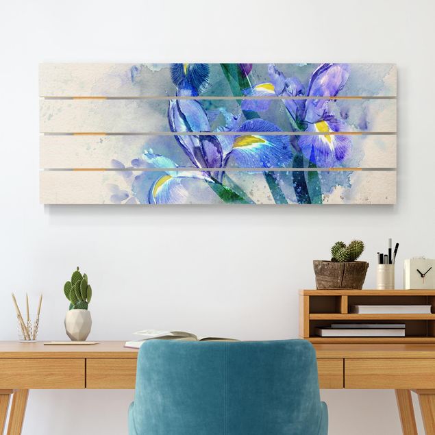 Holzbild - Aquarell Blumen Iris - Querformat 2:5