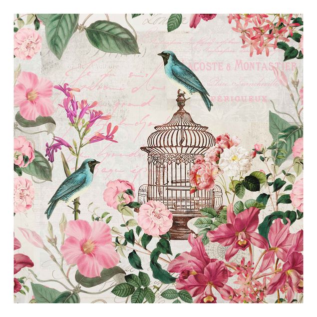 Forex Fine Art Print - Shabby Chic Collage - Rosa Blüten und blaue Vögel - Quadrat 1:1