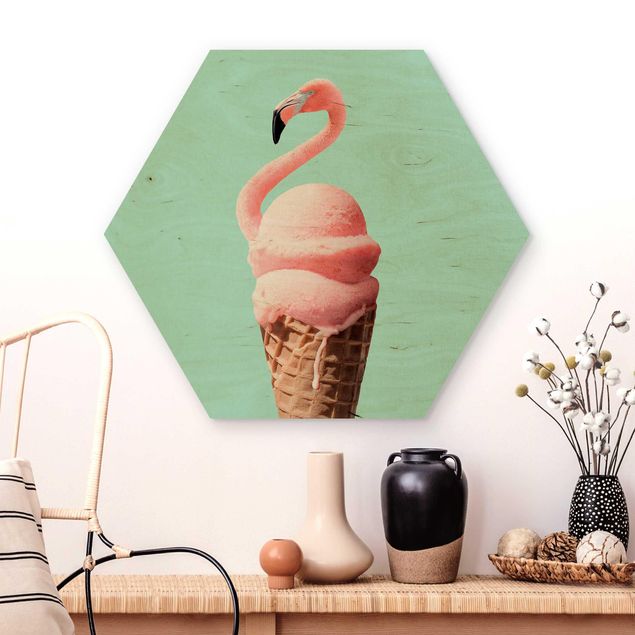 Hexagon Bild Holz - Jonas Loose - Eis mit Flamingo