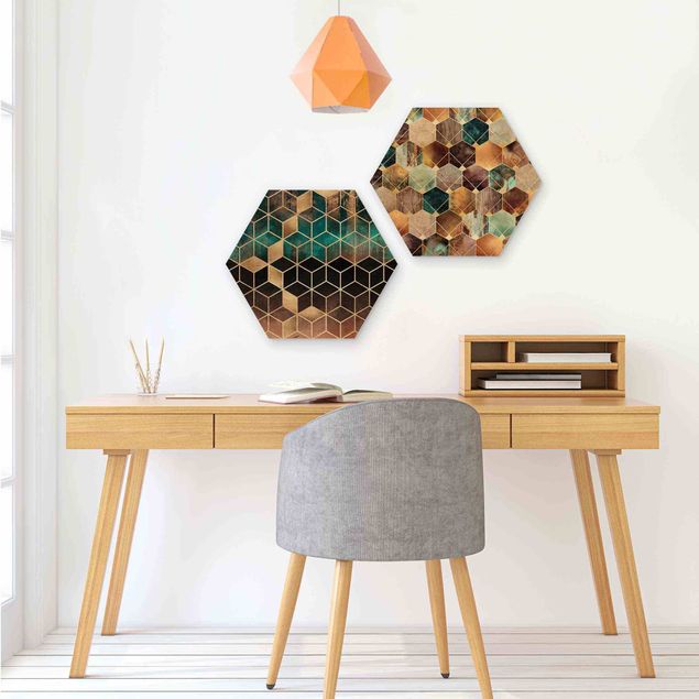 Hexagon Bild Holz 2-teilig - Elisabeth Fredriksson - Türkise Geometrie goldenes Art Deco Set