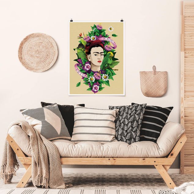Poster - Frida Kahlo - Frida, Äffchen und Papagei - Hochformat 3:4