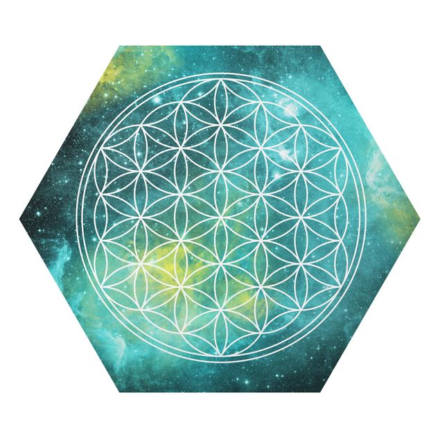 Hexagon Bild Alu-Dibond - Blume des Lebens im Licht der Sterne