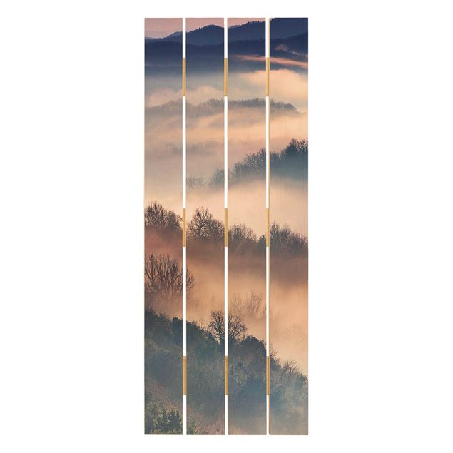 Holzbild - Nebel bei Sonnenuntergang - Hochformat 5:2
