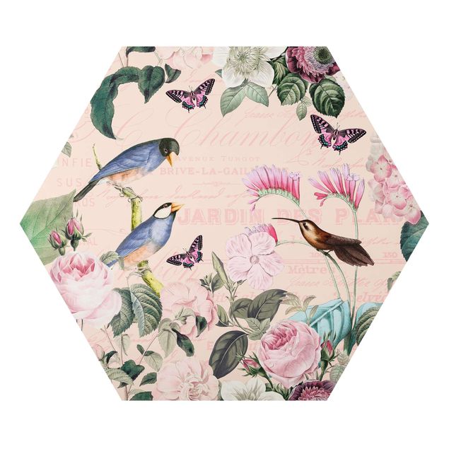 Hexagon Bild Alu-Dibond - Vintage Collage - Rosen und Vögel