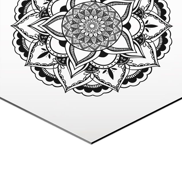 Hexagon Bild Alu-Dibond 3-teilig - Mandala Blüte Sonne Illustration Set Schwarz Weiß