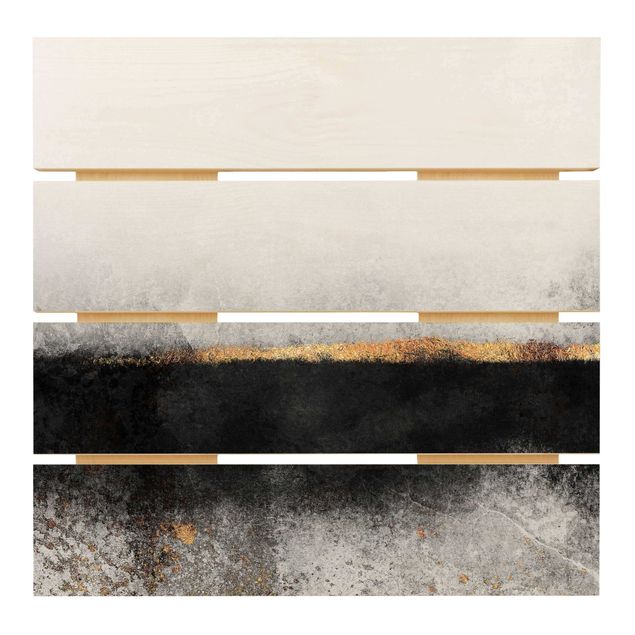Holzbild - Elisabeth Fredriksson - Abstrakter Goldener Horizont Schwarz Weiß - Quadrat 1:1