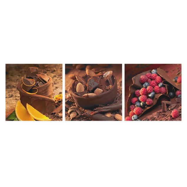 Leinwandbild 3-teilig - Schokolade mit Früchten und Mandeln - Quadrate 1:1