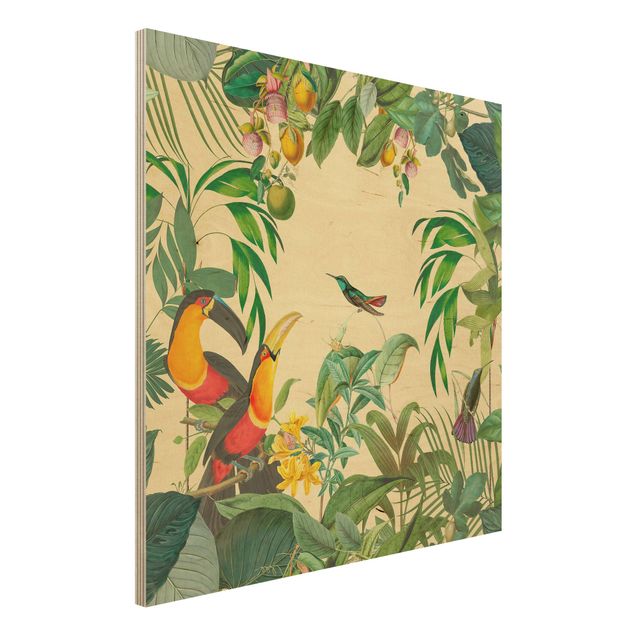 Holzbild - Vintage Collage - Vögel im Dschungel - Quadrat 1:1