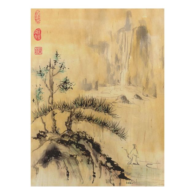 Holzbild - Japanische Aquarell Zeichnung Zedern und Berge - Hochformat 4:3