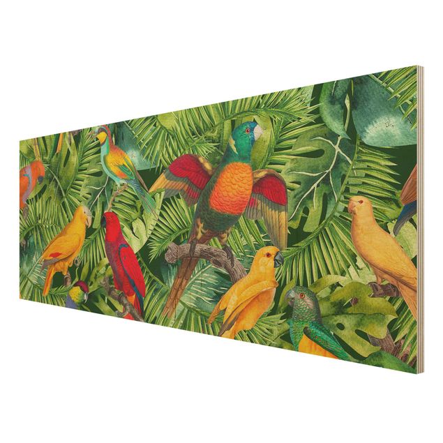 Holzbild - Bunte Collage - Papageien im Dschungel - Panorama
