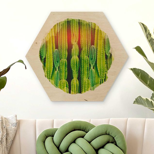 Hexagon Bild Holz - Wasserfarben - Kaktus Wand