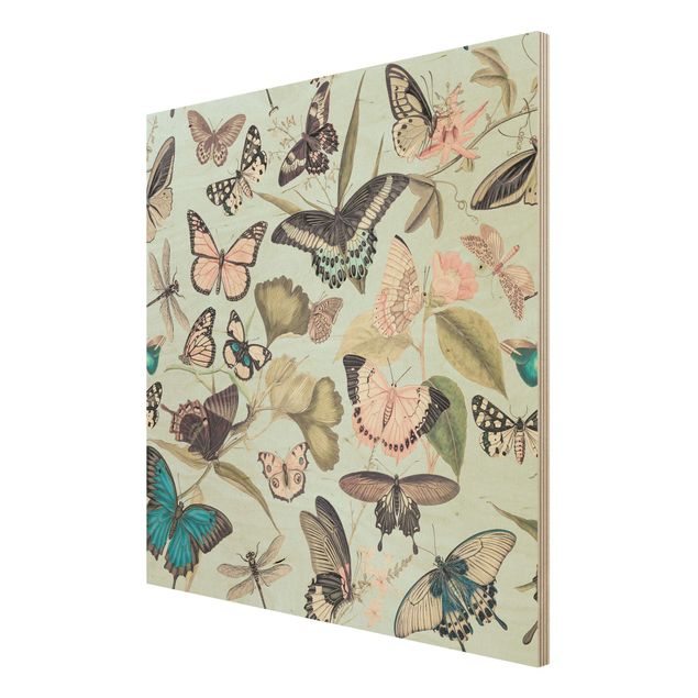 Holzbild - Vintage Collage - Schmetterlinge und Libellen - Quadrat 1:1