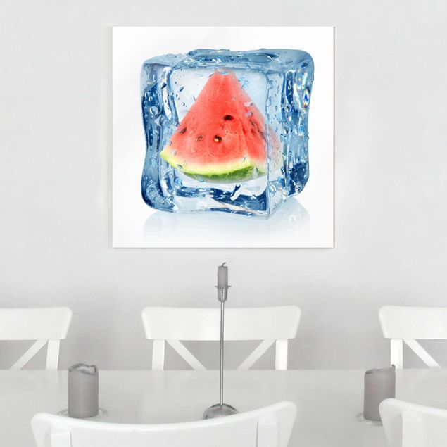 Glasbild - Melone im Eiswürfel - Quadrat 1:1