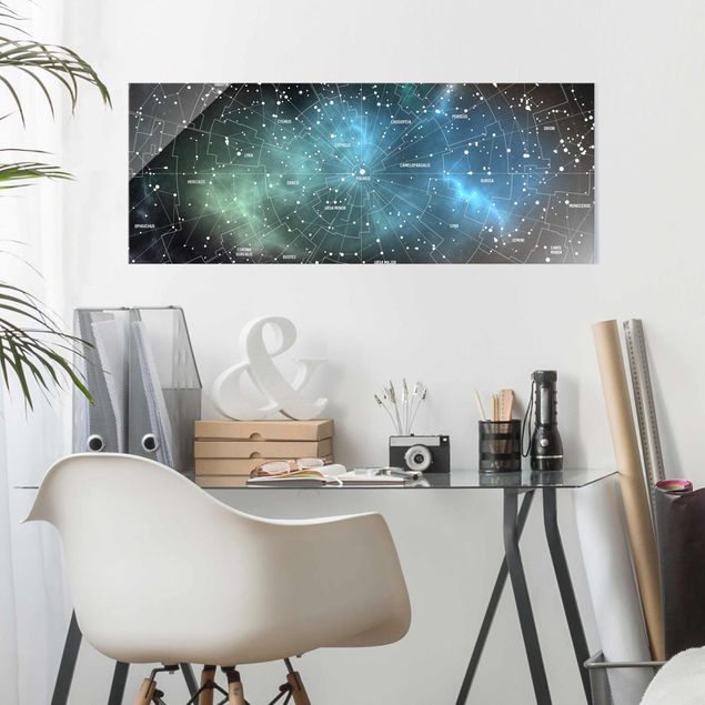 Glasbild - Sternbilder Karte Galaxienebel - Panorama Quer