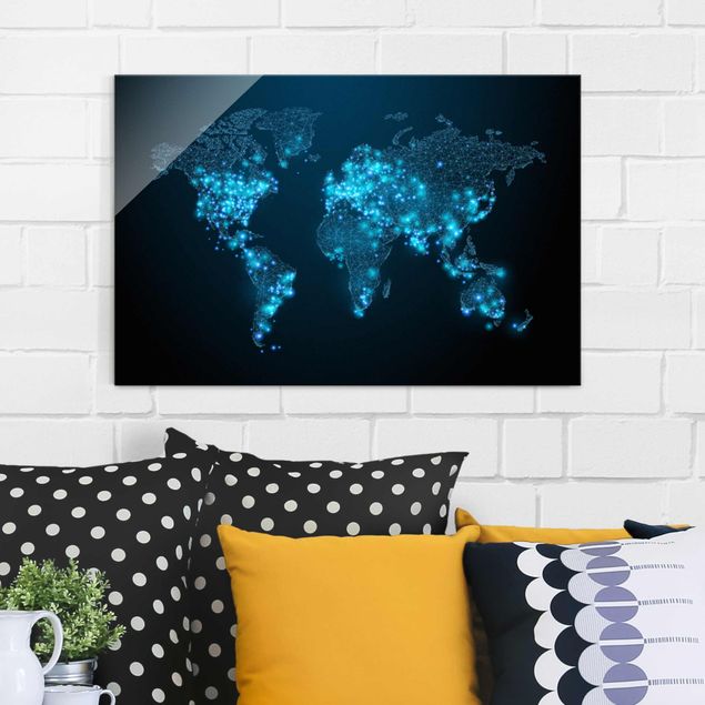 Glas Magnettafel Connected World Weltkarte