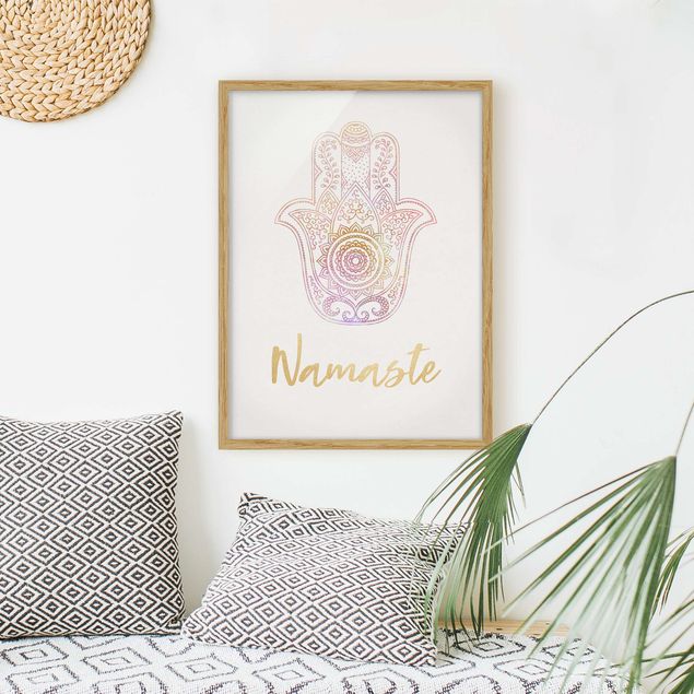 Bild mit Rahmen - Hamsa Hand Illustration Namaste gold rosa - Hochformat 4:3