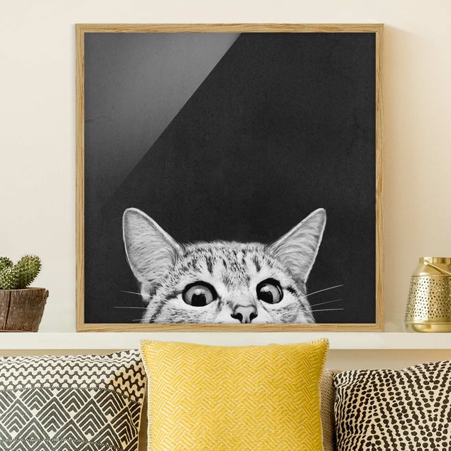 Bild mit Rahmen - Illustration Katze Schwarz Weiß Zeichnung - Quadrat 1:1