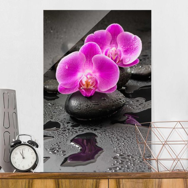 Glas Magnetboard Pinke Orchideenblüten auf Steinen mit Tropfen