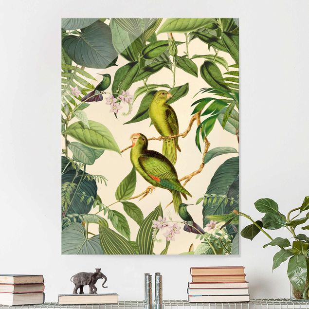 Glas Magnettafel Vintage Collage - Papageien im Dschungel