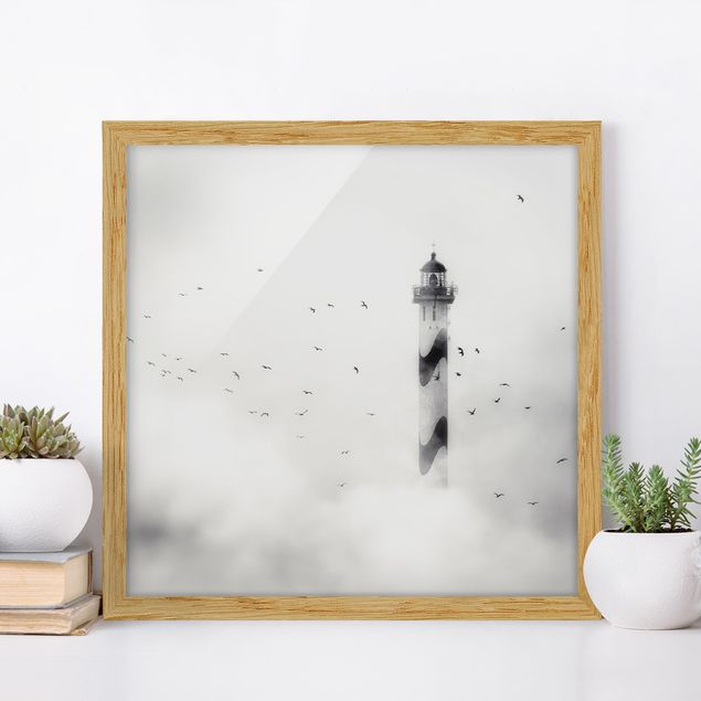Bild mit Rahmen - Leuchtturm im Nebel - Quadrat 1:1