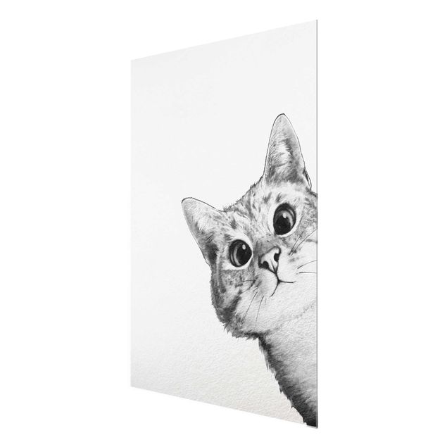Glasbild - Illustration Katze Zeichnung Schwarz Weiß - Hochformat 4:3